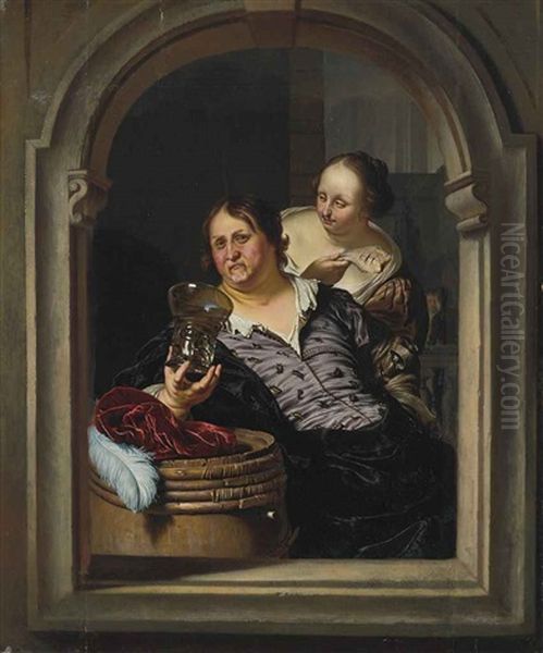 A Man Drinking With A Woman Holding A Fish Oil Painting by Willem Van Mieris Leiden