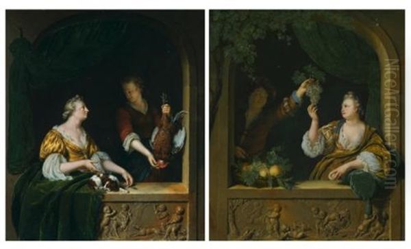 A Poultry Seller And A Gentleman Offering A Lady A Bunch Of Grapes (pair) Oil Painting by Willem Van Mieris Leiden