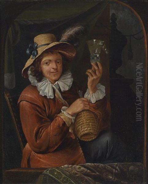 Ein Kavalier Mit Weinglas Am Fenster Beziehungsweise Eine Junge Frau Beim Schalen Einer Zitrone (pair) Oil Painting by Willem Van Mieris Leiden