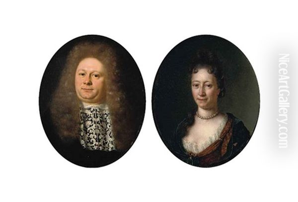 Portrait Of A Gentleman, Bust-length, In A Black Costume With A White Lace Jabot (+ Portrait Of A Lady, Bust-length, In A Yellow Dress With A Blue Wrap, A Pearl Necklace And Pearl Strings In Her Hair; Pair) Oil Painting by Willem Van Mieris Leiden