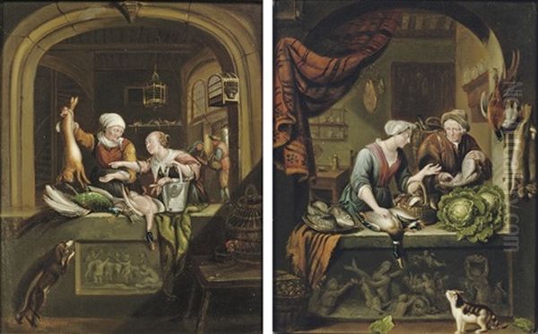 A Poultry Seller In An Arched Window (+ Another; 2 Works) Oil Painting by Willem Van Mieris Leiden