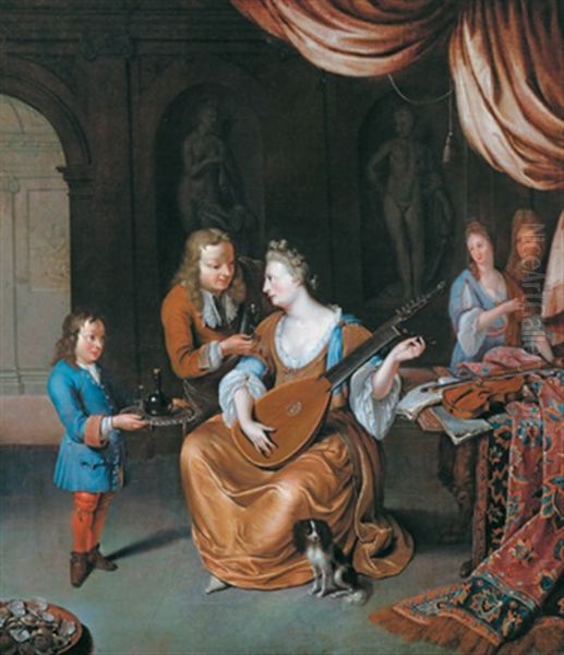 Eine Elegante Junge Frau Mit Ihrem Schoshund Beim Musizieren Erhalt Von Ihrem Verehrer Eine Erfrischung Angeboten Oil Painting by Willem Van Mieris Leiden