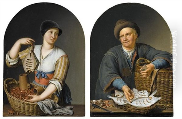 The Fish Wife (+ The Fish Seller, C.1716; Pair) Oil Painting by Willem Van Mieris Leiden