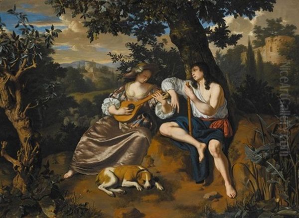 An Arcadian Landscape With A Shepherd Holding A Flute, Listening To A Shepherdess Playing A Cittern, A Dog Lying At Their Feet Oil Painting by Willem Van Mieris Leiden