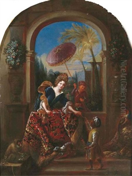 An Elegant Lady At A Casement, With A Moorish Servant Holding A Tethered Dog And Another Servant Boy Holding An Umbrella, With A Monkey And A Peacock Oil Painting by Willem Van Mieris Leiden