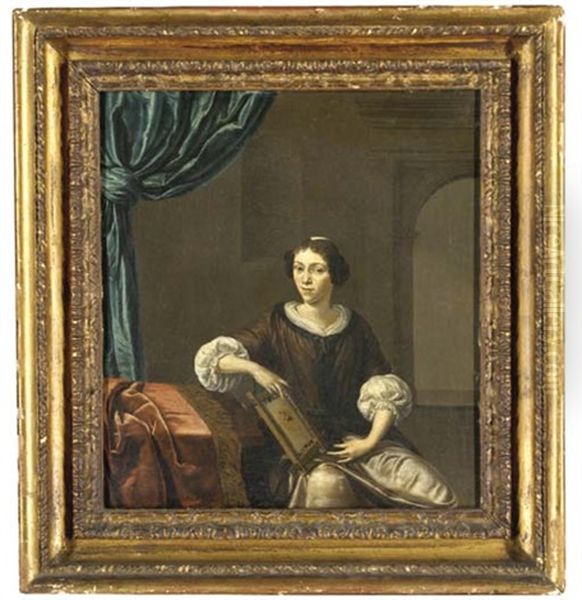 Portrait Of A Lady, Seated, Three-quarter-length, At A Table With Needlework, Beneath A Canopy Of Blue Satin Oil Painting by Willem Van Mieris Leiden