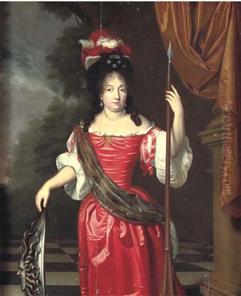 Portrait Of A Lady, Three-quarter-length, As Minerva In A Red Satin Dress Beneath A Canopy, A Landscape Beyond Oil Painting by Willem Van Mieris Leiden