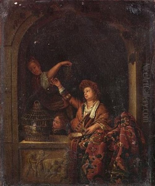 A Youth Blowing Bubbles At A Draped Ledge, With A Woman Holding Grapes, And A Child Looking At A Caged Bird Oil Painting by Willem Van Mieris Leiden