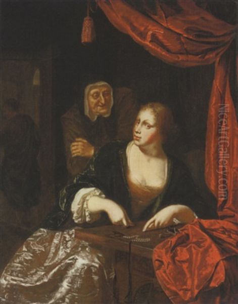 Une Courtisane Comptant De L'argent, Une Entremetteuse A L'arriere-plan Oil Painting by Willem Van Mieris Leiden