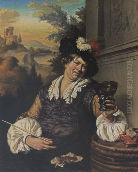 A Man Seated Holding A Berkemeier And A Pipe In His Hands, A Tobacco Pouch In His Lap, With A View Of An Extensive River Landscape Beyond Oil Painting by Willem Van Mieris Leiden