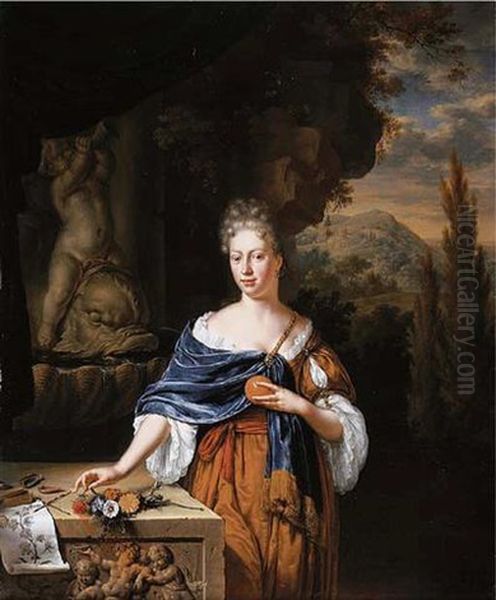 Portrait Of Dina Margareta De Bye Holding An Orange, With Flowers And A Watercolour On A Sculpted Ledge Oil Painting by Willem Van Mieris Leiden