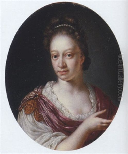 Portrait Of A Lady In A White Gown And A Fuchsia Shawl Held Together With A Gold Clasp Set With A Stone, Pearls In Her Hair Oil Painting by Willem Van Mieris Leiden