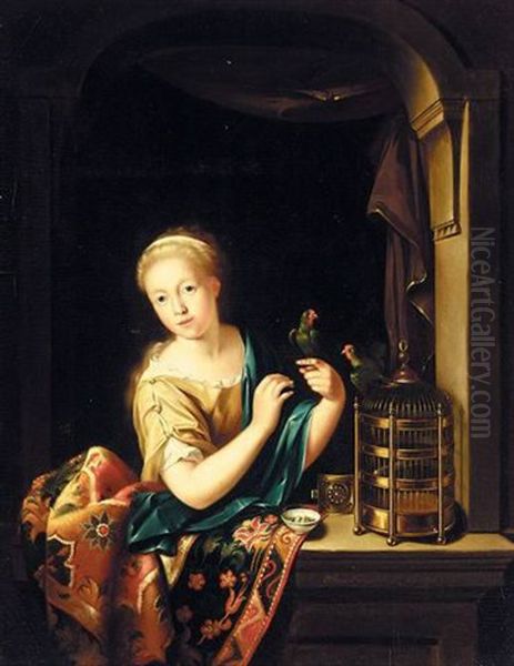A Young Girl At A Window Holding A Parrot Oil Painting by Willem Van Mieris Leiden