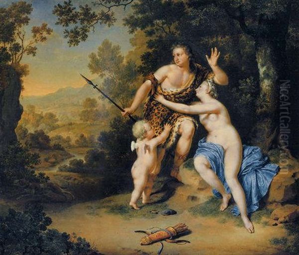 Venus And Adonis With Cupid In An Extensive Landscape Oil Painting by Willem Van Mieris Leiden