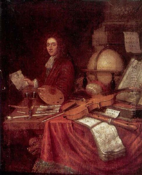 A Self Portrait Of The Artist With A Still Life Of A Globe, Books, Violins And Other Instruments Oil Painting by Willem Van Mieris Leiden