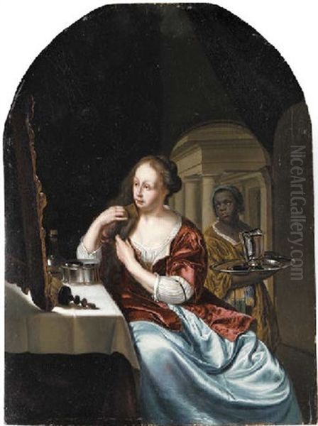 A Woman At Her Toilet With An Attendant Oil Painting by Willem Van Mieris Leiden