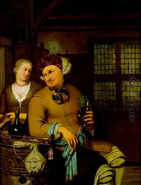 Paar Bei Einem Weinfas In Einem Interieur Oil Painting by Willem Van Mieris Leiden