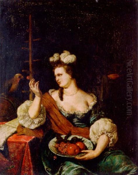 Woman Seated With A Bowl Of Fruit On Her Lap, Feding A Cherry To A Parrot Oil Painting by Willem Van Mieris Leiden