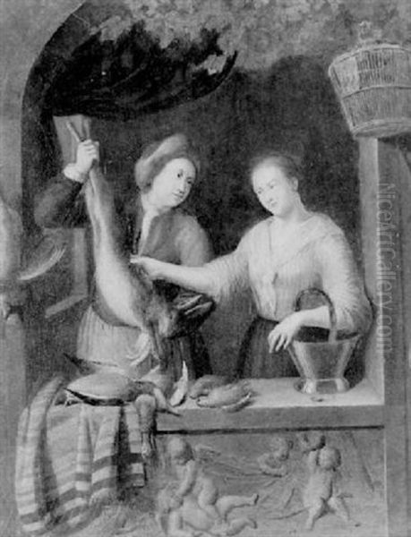 Junges Paar Mit Wildbret Am Fenster Oil Painting by Willem Van Mieris Leiden