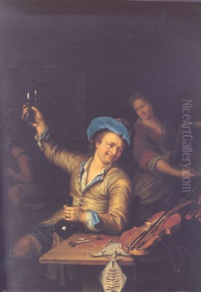 A Violinist Making Merry In A Tavern Oil Painting by Willem Van Mieris Leiden