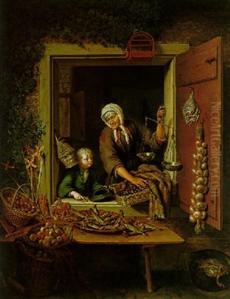 A Boy Buying Chestnusts From An Old Woman At A Shop Window, With Fish, Apples, And Other Vegetables On Plates And In Baskets Oil Painting by Willem Van Mieris Leiden
