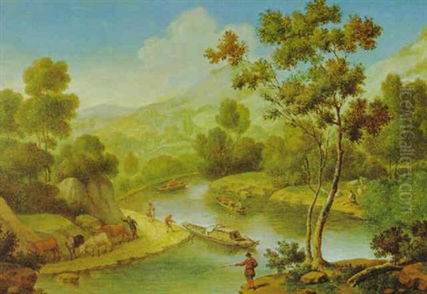 Gebirgige Fluslandschaft Mit Booten Oil Painting by Willem Van Mieris Leiden
