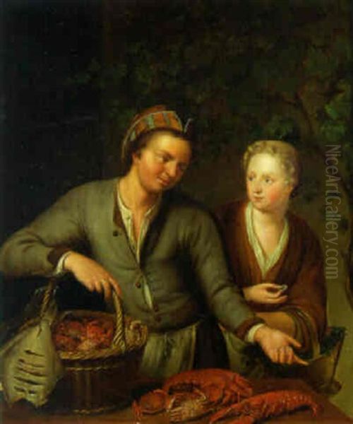 A Woman Buying Lobsters From A Fishmonger Oil Painting by Willem Van Mieris Leiden