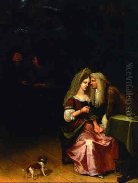 An Elegant Couple Courting In An Interior Oil Painting by Willem Van Mieris Leiden