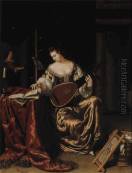 An Interior With A Woman Playing The Lute Oil Painting by Willem Van Mieris Leiden