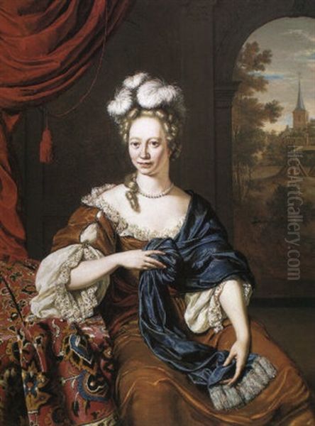 Portrait Of A Lady With Feathers In Her Hair Leaning On A Table Oil Painting by Willem Van Mieris Leiden