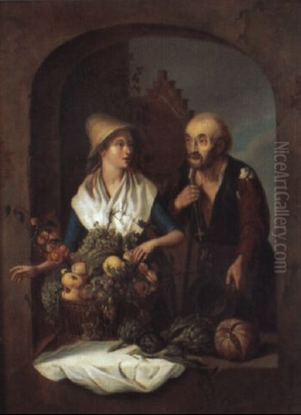 Kvinna Med Fruktkorg Uppvaktas Av Tiggande Man Oil Painting by Willem Van Mieris Leiden