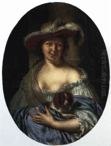 The Personification Of Lust: Woman Wearing A Plumed Hat Holding A Dog Oil Painting by Willem Van Mieris Leiden