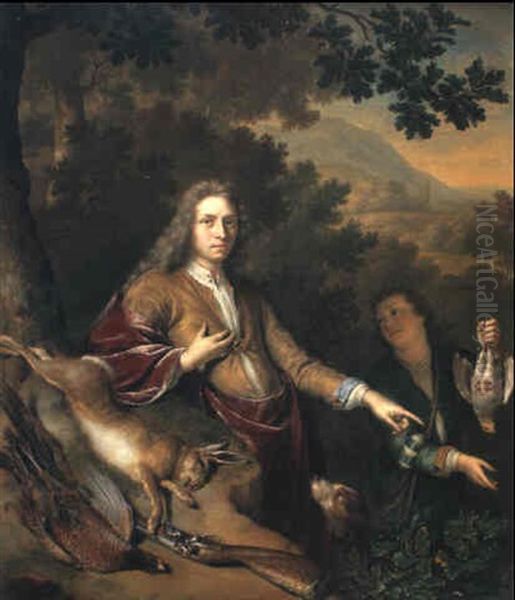 Portrait Of A Sportsman With A Page, Hound And His Catch Oil Painting by Willem Van Mieris Leiden