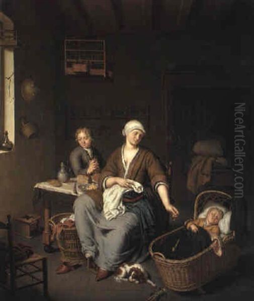 Woman With Two Children In An Interior Oil Painting by Willem Van Mieris Leiden