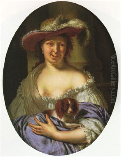 Portrait Of A Woman Wearing A Straw Hat And Holding A Dog Oil Painting by Willem Van Mieris Leiden