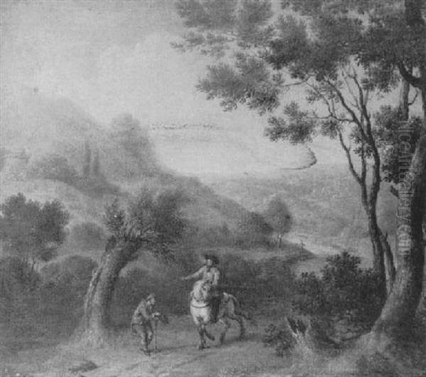 Landscape With Horseman In The Foreground, A Distant        Landscape Beyond Oil Painting by Willem Van Mieris Leiden
