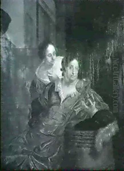 Ein Weintrinker Sitzt Mit Erhobenem Romer An Einem Fass, Auf Das Er Seinen Federhut Gelegt Hat, Und Blickt Auf Den Betra Oil Painting by Willem Van Mieris Leiden