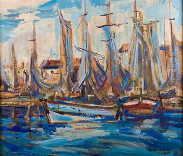 Statki W Porcie Oil Painting by Josef Mieszkowski