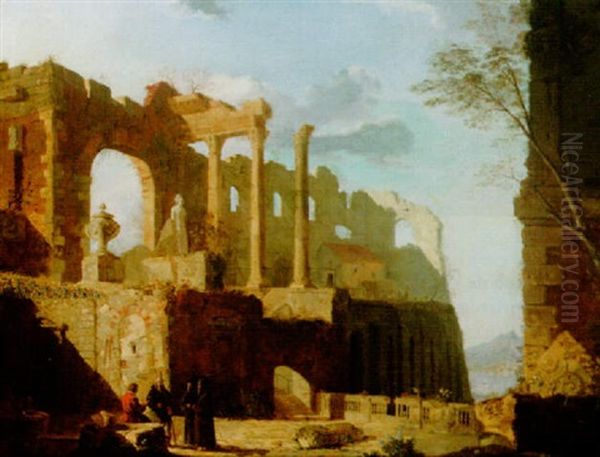 Landscape With Monks And Other Figures Beneath Classical Ruins Oil Painting by Giovanni Migliara