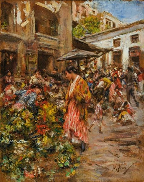 Mercato Dei Fiori A Napoli Oil Painting by Vincenzo Migliaro