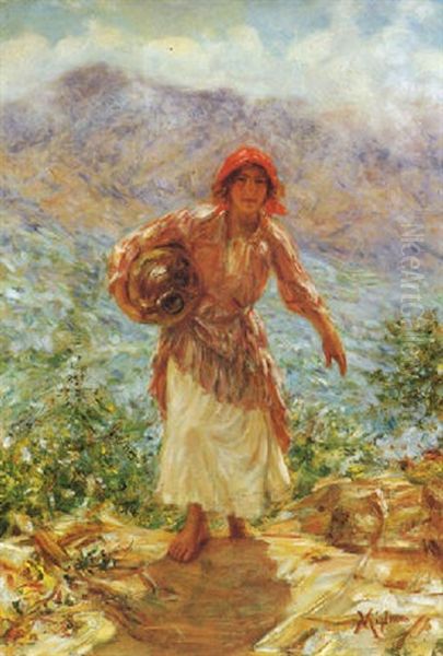 Donna Verso La Fonte Oil Painting by Vincenzo Migliaro