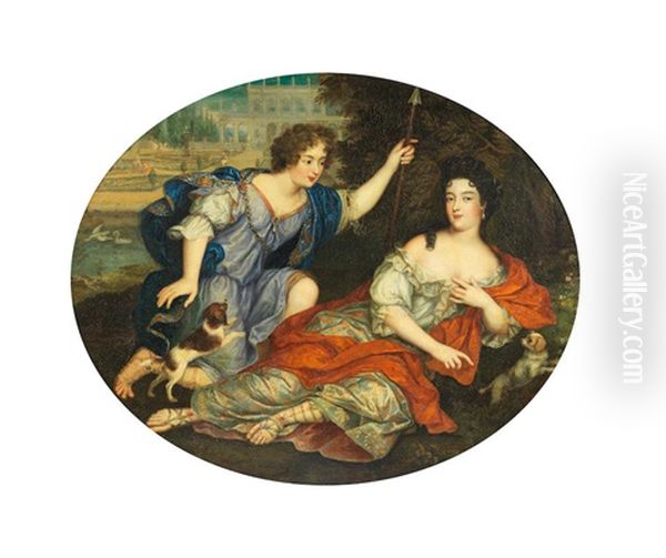 Portrait Of Two Ladies With Their Dogs Before A Villa Oil Painting by Pierre Mignard