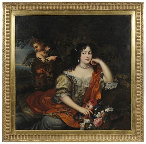 Louise Renee De Penancoet De Kerouaille, Duchess Of Portsmouth, In A Landscape With Cherubs Oil Painting by Pierre Mignard