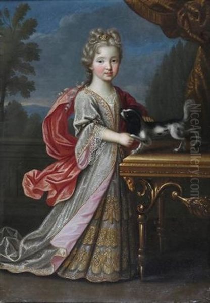 Portrait De Petite Fille En Pied Et Son Chien Dans Un Paysage Oil Painting by Pierre Mignard