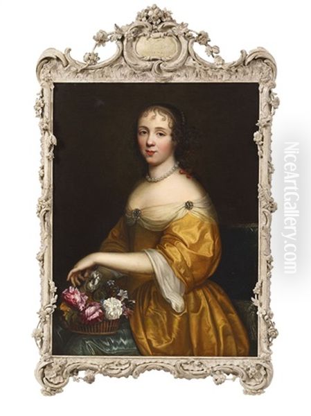 Portrait Of A Lady With A Basket Of Flowers Oil Painting by Pierre Mignard
