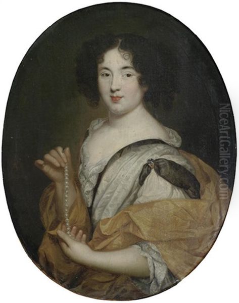 Portrait Of A Lady, Half-length, In A White Dress And Gold Wrap Oil Painting by Pierre Mignard