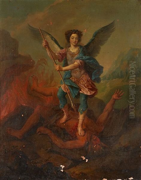 Portrait Allegorique Dit Du Duc De Gesvres Enfant En Saint Michel Terrassant Le Demon Oil Painting by Pierre Mignard