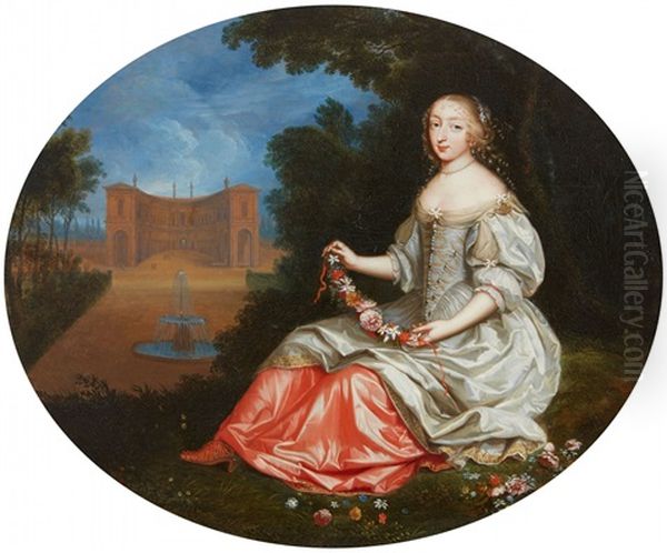 A Lady In A Park Landscape - Mademoiselle Bo Oil Painting by Pierre Mignard