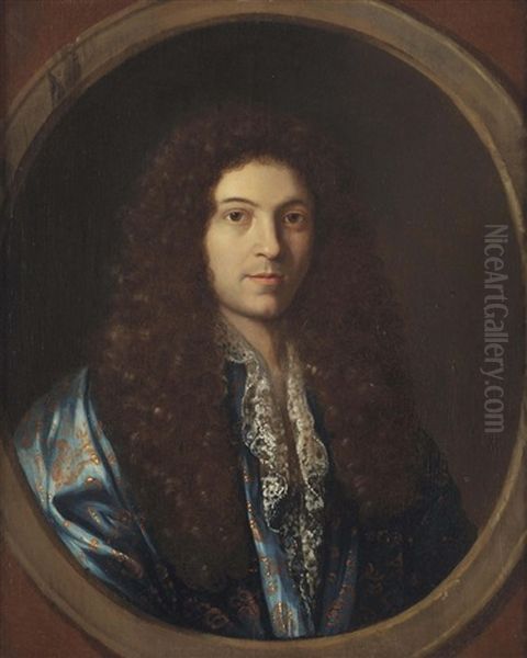 Portrait Of A Gentleman, Traditionally Said To Be Jean-baptiste Lully (1632-1687), Bust-length, In A Goldembroidered Blue Coat, In A Feigned Oval Oil Painting by Pierre Mignard
