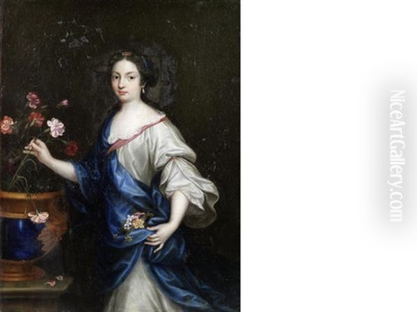 Portrait Of A Lady, Three-quarter-length, In A White Silk Dress And A Blue Shawl, Arranging Flowers Oil Painting by Pierre Mignard